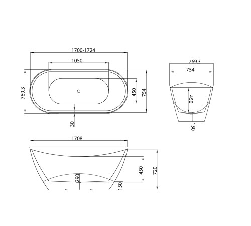 Ванна отдельностоящая Grossman Galaxy GR-2104 (170х75х72) цвет белый