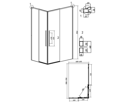 Душевое ограждение Grossman Galaxy 1/2.K33.01.12.21.00-1/2.K33.01.70.21.00 (120х70х195) раздвижная,черный матовый,стекло прозрачное