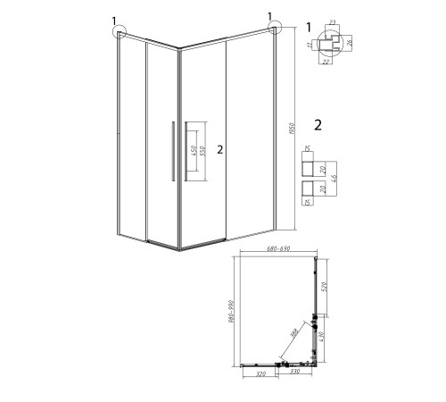 Душевое ограждение Grossman Galaxy 1/2.K33.01.10.21.10-1/2.K33.01.70.21.10 (100х70х195) раздвижная,черный матовый,стекло тонированное