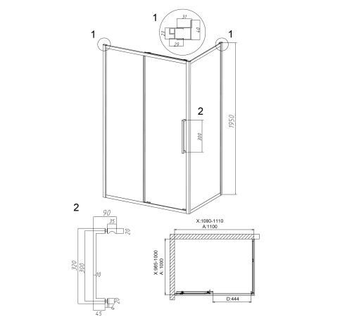 Душевое ограждение Grossman Cosmo 100.K33.02.110.21.02-200.K33.02.100.21.02 (110х100х195) раздвижная(левая),черный матовый,стекло шиншилла