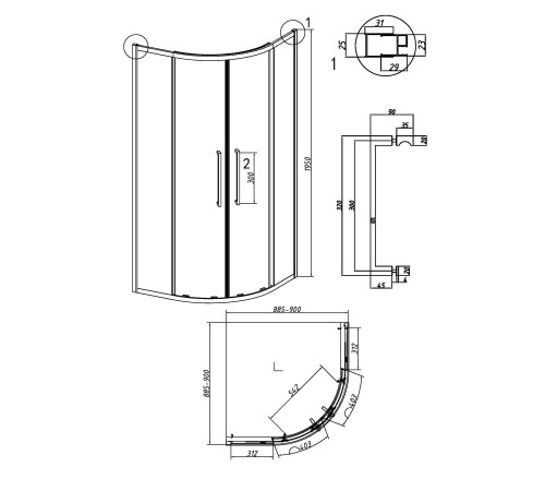 Душевое ограждение Grossman Cosmo 301.K33.02.9090.21.00 (90х90х195) четверть круга,раздвижная,черный матовый,стекло прозрачное