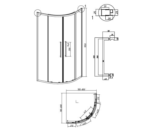 Душевое ограждение Grossman Cosmo 301.K33.02.8080.21.10 (80х80х195) четверть круга,раздвижная,черный матовый,стекло тонированное