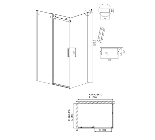 Душевое ограждение Grossman Classic 100.K33.04.160.32.00-200.K33.04.80.32.00 (160х80х195) раздвижная,золото сатин,стекло прозрачное