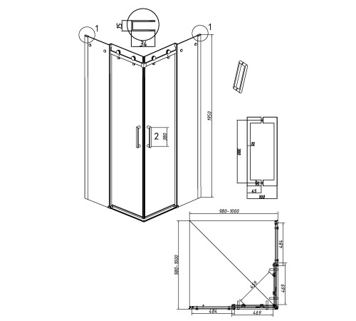 Душевое ограждение Grossman Classic 300.K33.04.1010.21.00 (100х100х195) квадрат,раздвижная,черный матовый, стекло прозрачное