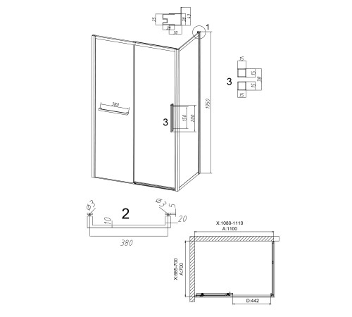 Душевое ограждение Grossman Style 100.K33.05.110.21.00-200.K33.05.70.21.00 (110х70х195) раздвижная,черный матовый,стекло прозрачное