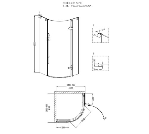 Душевое ограждение Grossman Style GR-5090 (90х90х190) четверть круга,хром,стекло прозрачное,распашная