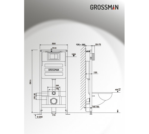 Комплект 3 в 1: Grossman инсталляция 900.K31.01.000+клавиша 700.K31.01.110.110 хром матовый+унитаз GR-4477BMSQ