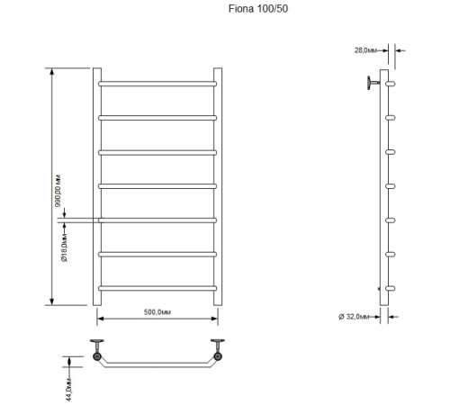 Полотенцесушитель водяной Aquanet Fiona 1000x500, хром