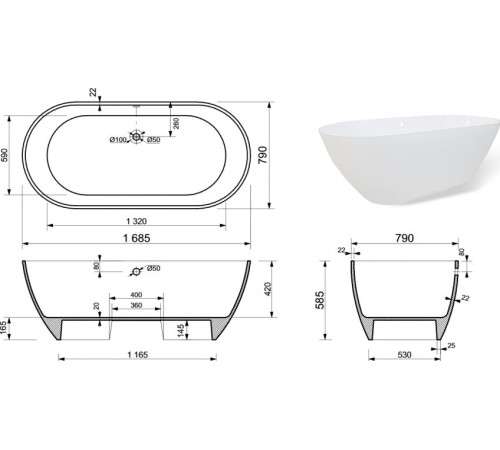 Ванна из искусственного мрамора Aquanet Family Stone 170х80