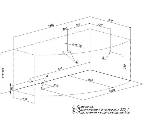 Акриловая ванна Aquanet Jersey 170x90 R (с каркасом)