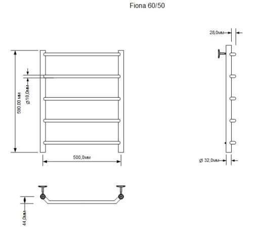Полотенцесушитель водяной Aquanet Fiona 600x500, хром