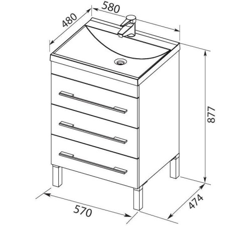 Тумба с раковиной Aquanet Верона 60 белый (напольная 3 ящика)