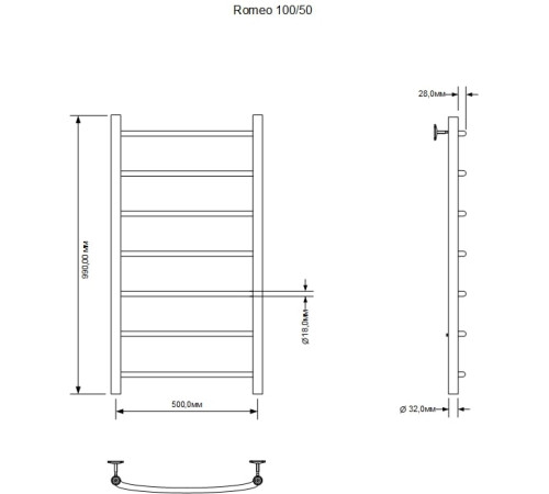 Полотенцесушитель водяной Aquanet Romeo 1000x500, хром