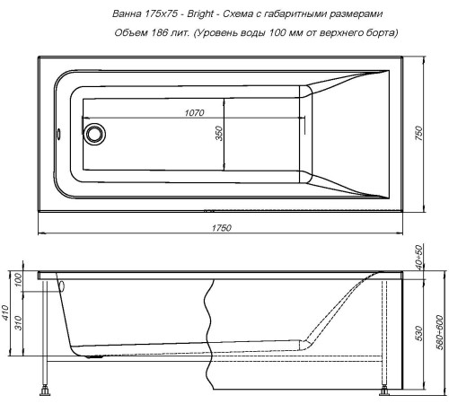 Акриловая ванна Aquanet Bright 175x75